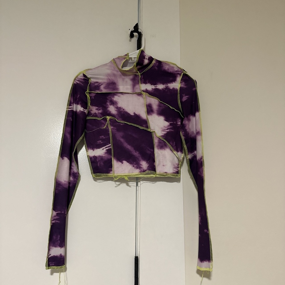 purple and neon yellow green patch work patchwork shirt long sleeve